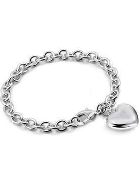 925 Sterling Silver Charm Bracelet with Heart, Bell & Circle Pendants - Fine